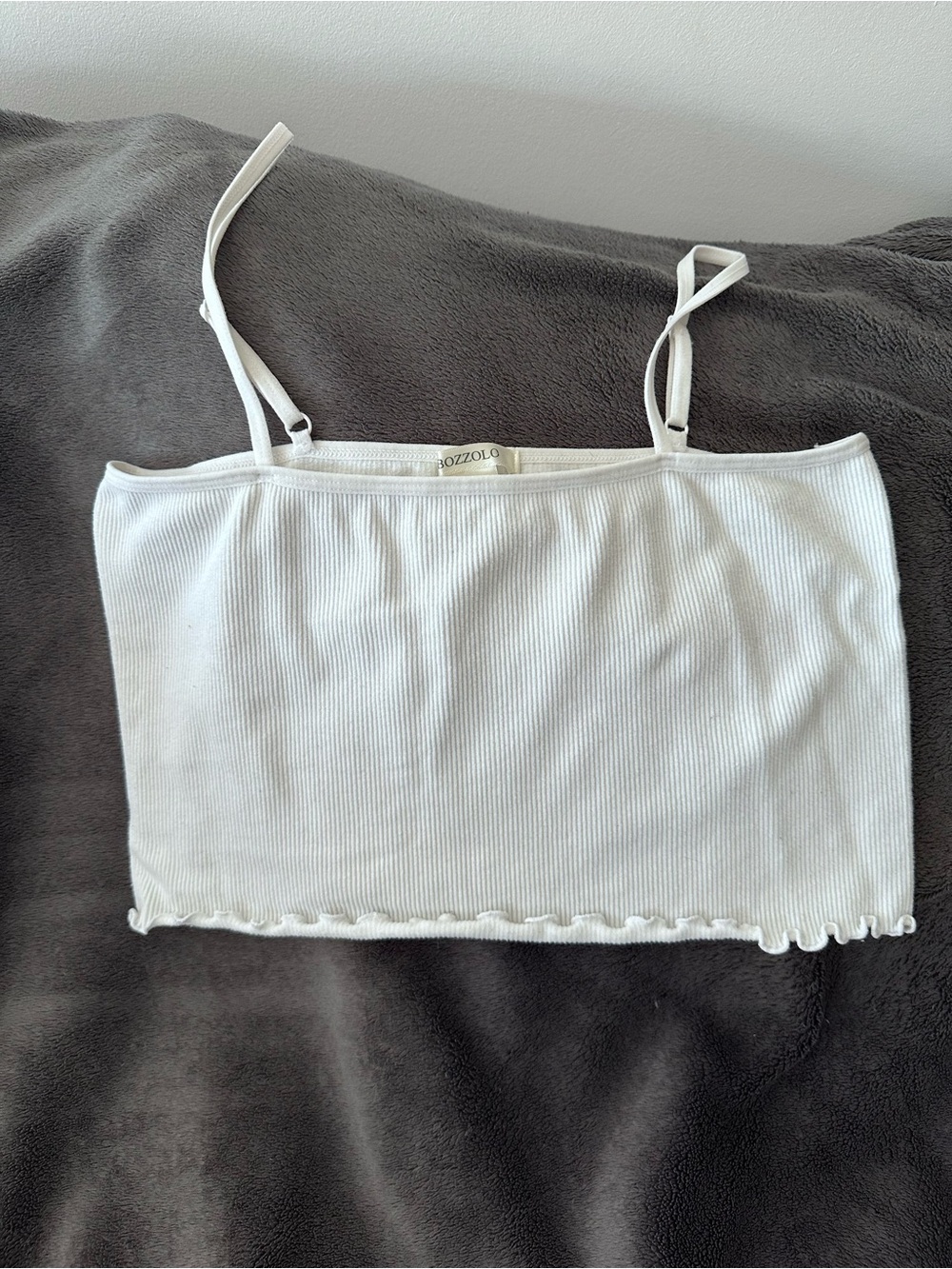 Bozzolo White Ribbed Bandeau Crop Top with Lettuce Hem